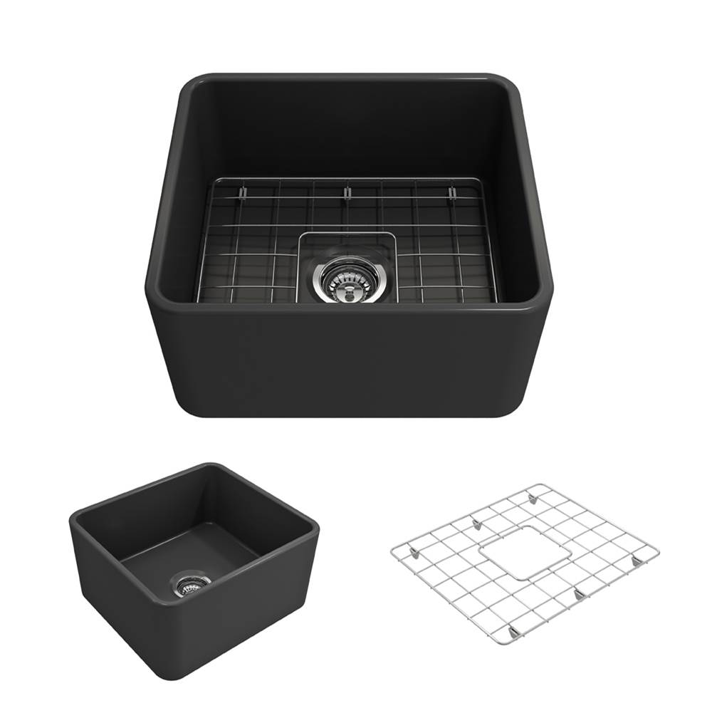 BOCCHI Classico Farmhouse Apron Front Fireclay 20 in. Single Bowl Kitchen Sink with Protective Bottom Grid and Strainer in Matte Dark Gray