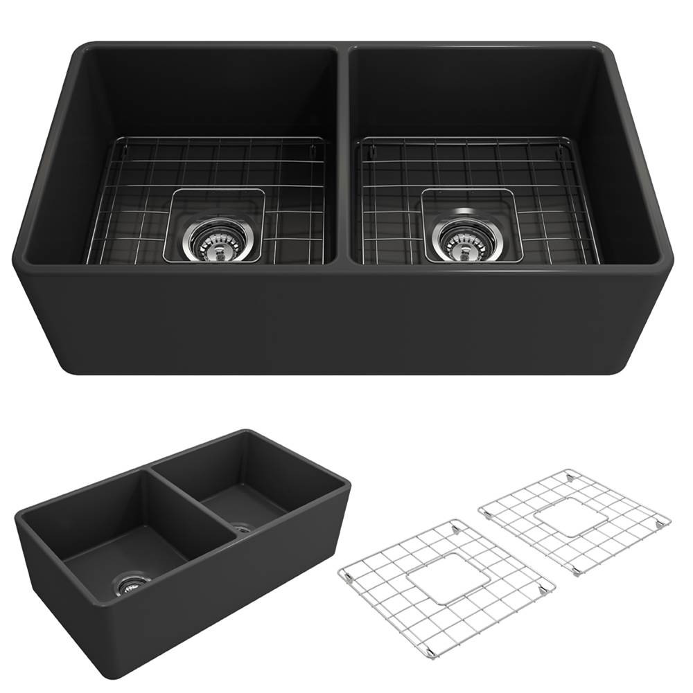 BOCCHI Classico Farmhouse Apron Front Fireclay 33 in. Double Bowl Kitchen Sink with Protective Bottom Grids and Strainers in Matte Dark Gray