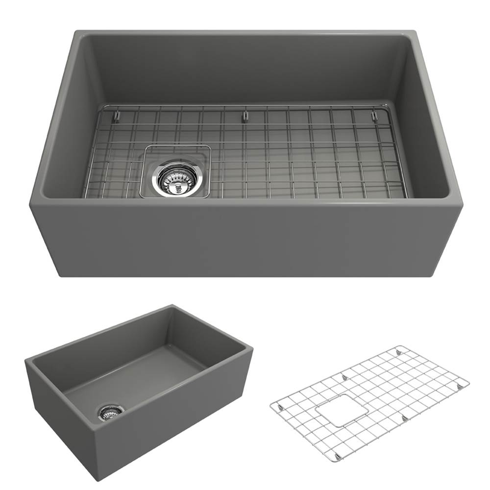 BOCCHI Contempo Apron Front Fireclay 30 in. Single Bowl Kitchen Sink with Protective Bottom Grid and Strainer in Matte Gray