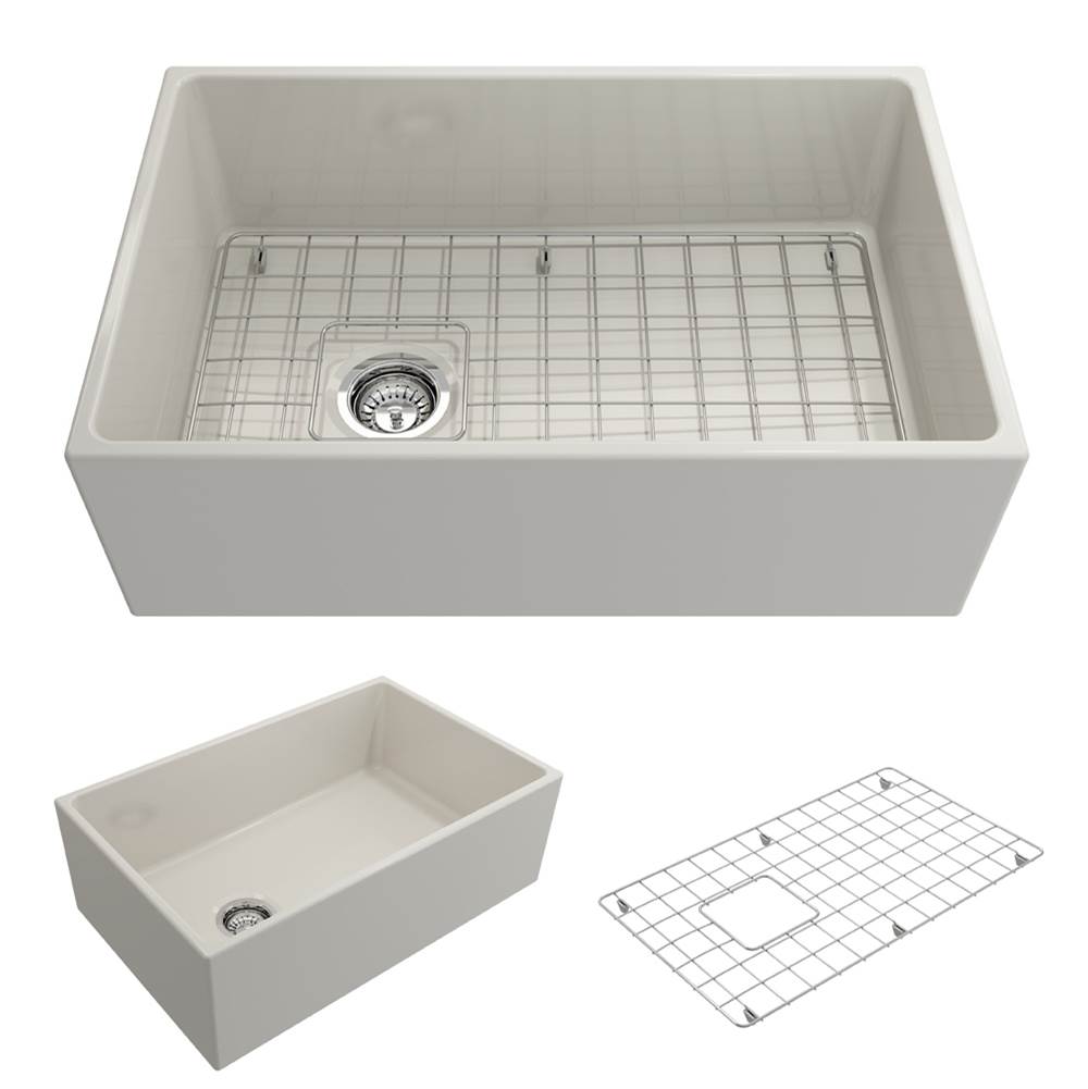 BOCCHI Contempo Apron Front Fireclay 30 in. Single Bowl Kitchen Sink with Protective Bottom Grid and Strainer in Biscuit