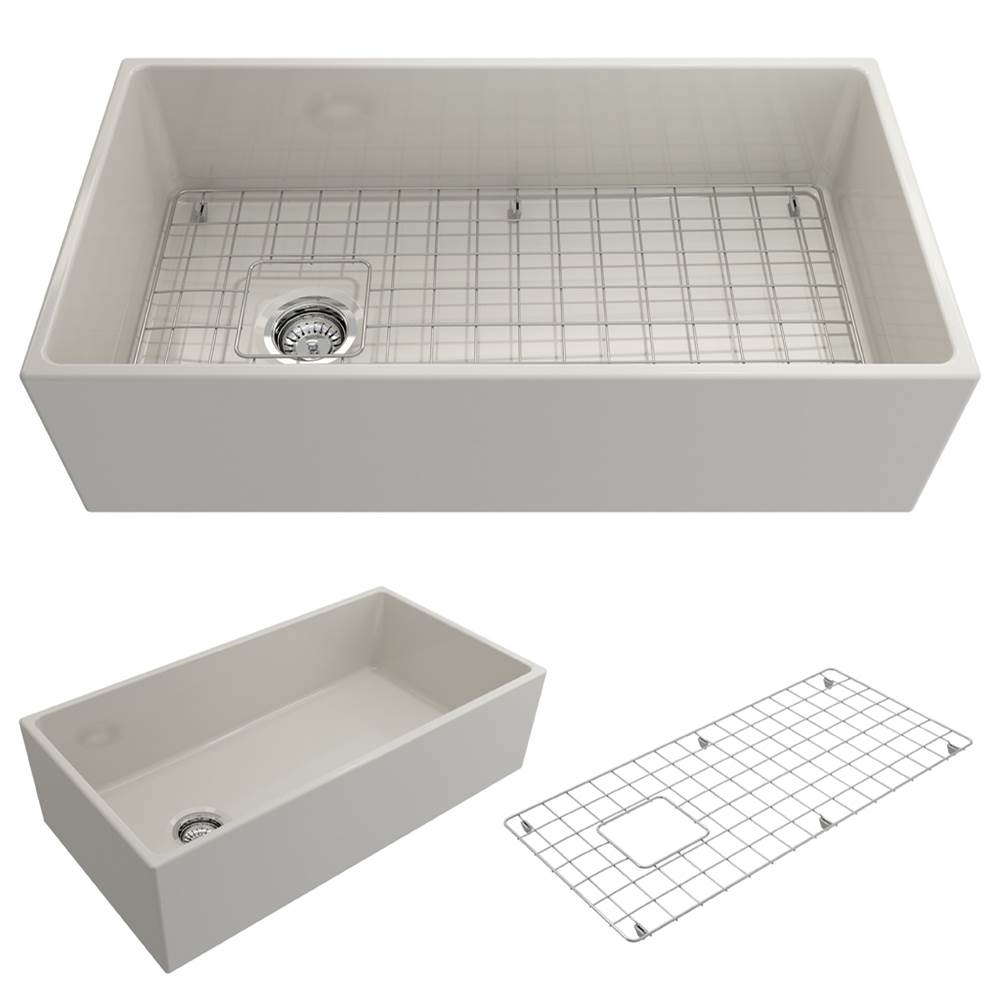 BOCCHI Contempo Apron Front Fireclay 36 in. Single Bowl Kitchen Sink with Protective Bottom Grid and Strainer in Biscuit