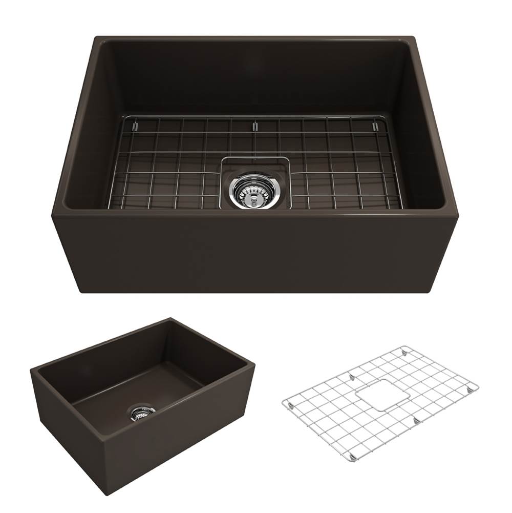 BOCCHI Contempo Apron Front Fireclay 27 in. Single Bowl Kitchen Sink with Protective Bottom Grid and Strainer in Matte Brown