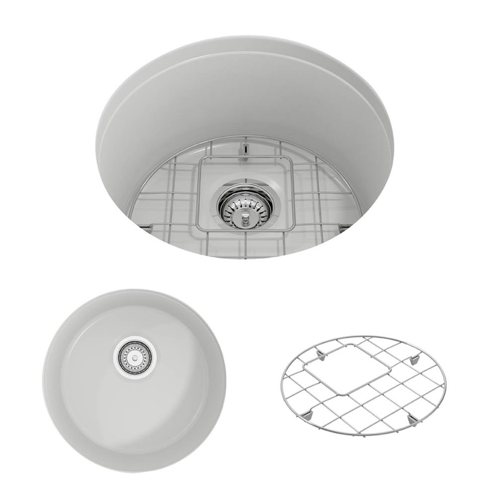 BOCCHI Sotto Round Dual-mount Fireclay 18.5 in. Single Bowl Bar Sink with Protective Bottom Grid and Strainer in Matte White