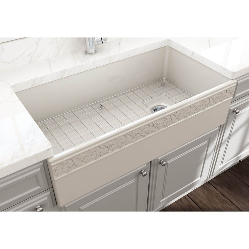 BOCCHI Vigneto Apron Front Fireclay 36 in. Single Bowl Kitchen Sink with Protective Bottom Grid and Strainer in Biscuit
