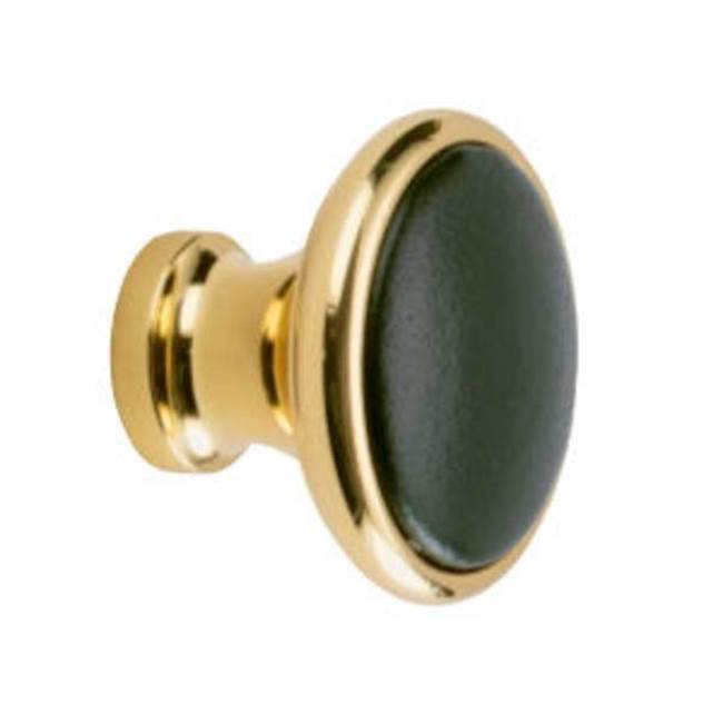Colonial Bronze Leather Accented Round Cabinet Knob, Unlacquered Satin Brass x Luv-A-Bull Darkest Blue Leather
