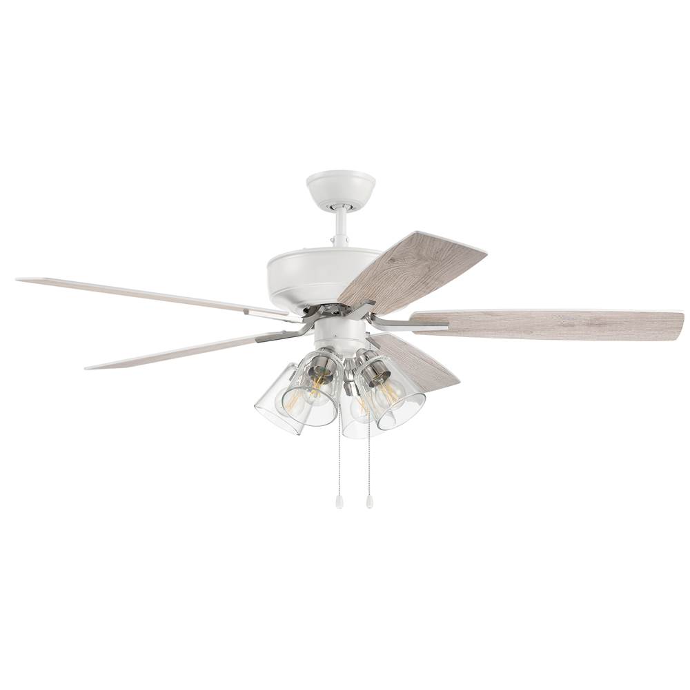 Craftmade 52'' Pro Plus Fan with Clear 4 Light Kit in White/Polished Nickel with Reversible White/Washed Oak Blades