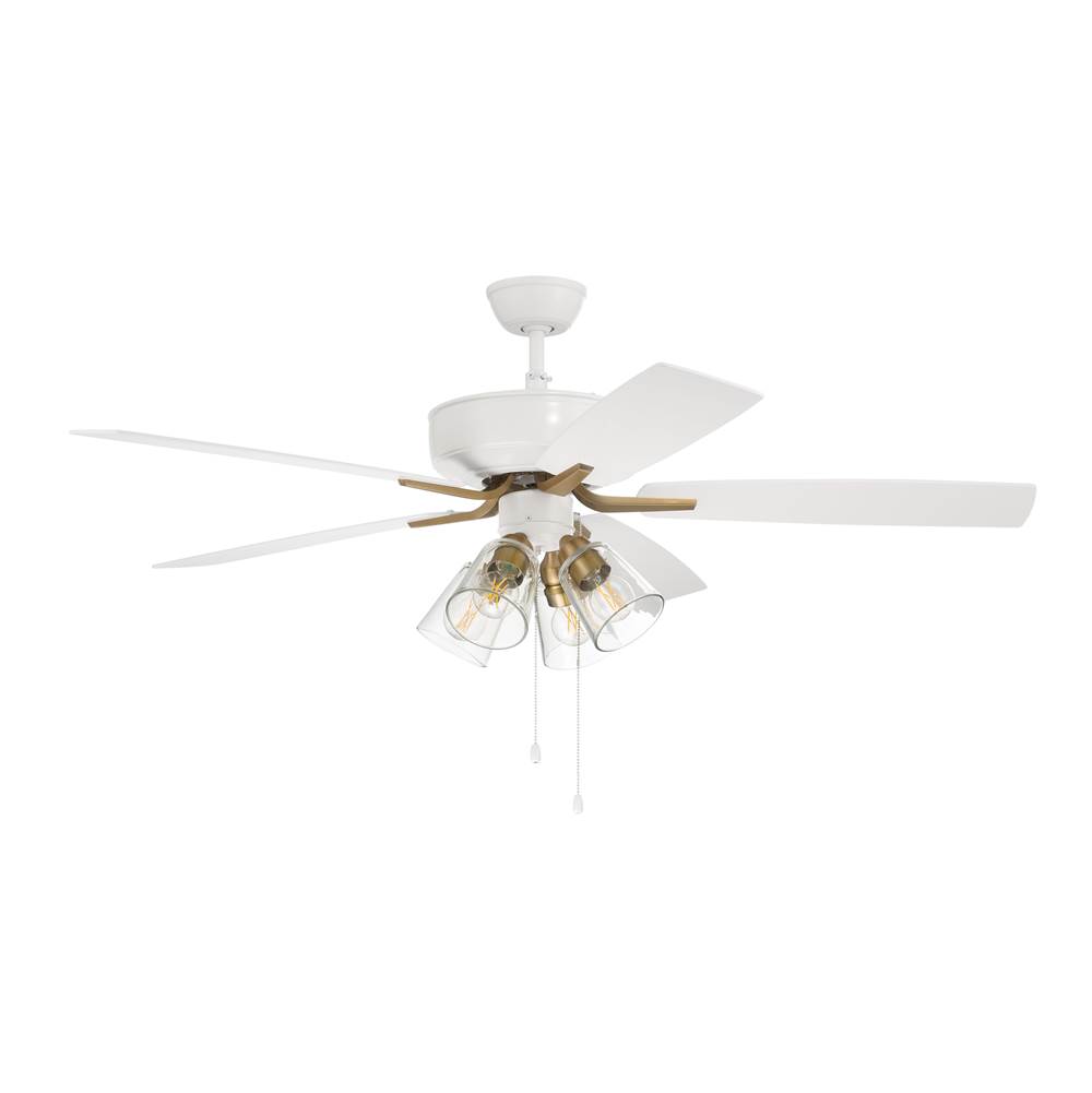 Craftmade 52'' Pro Plus Fan with Clear 4 Light Kit in White/Satin Brass with Reversible White/Washed Oak Blades