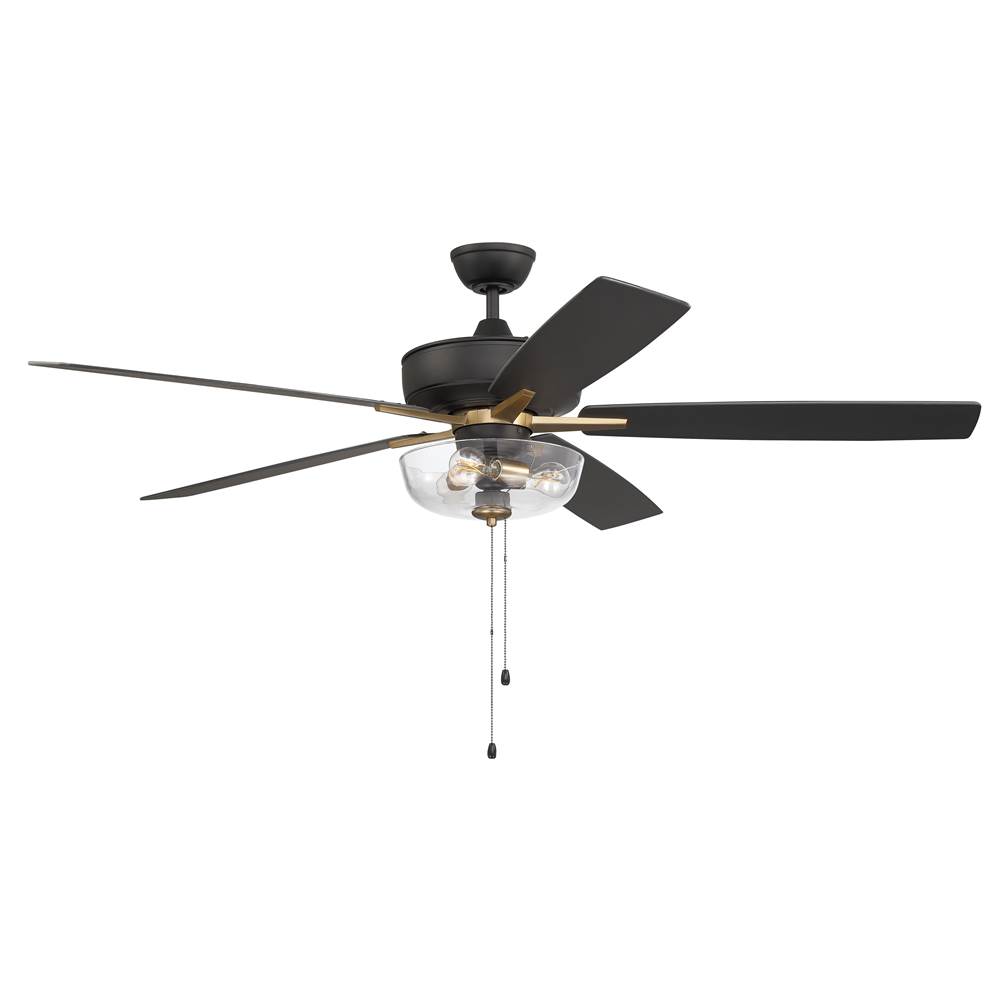 Craftmade 60'' Super Pro Fan with Clear Bowl Light Kit in Flat Black/Satin Brass with Reversible Flat Black/Black Walnut Blades