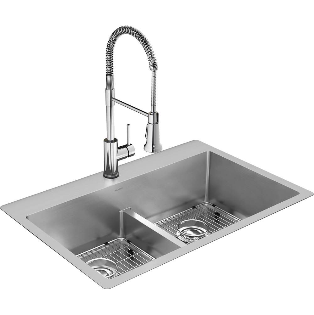 Elkay Crosstown 18 Gauge Stainless Steel 33'' x 22'' x 9'', 1-Hole Equal Double Bowl Dual Mount Sink Kit with Aqua Divide and Faucet