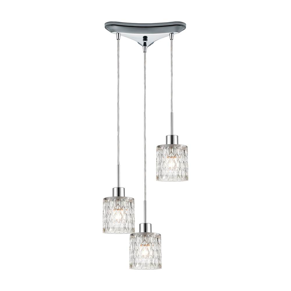 Elk Lighting Ezra 3-Light Triangular Mini Pendant Fixture in Polished Chrome with Textured Clear Crystal