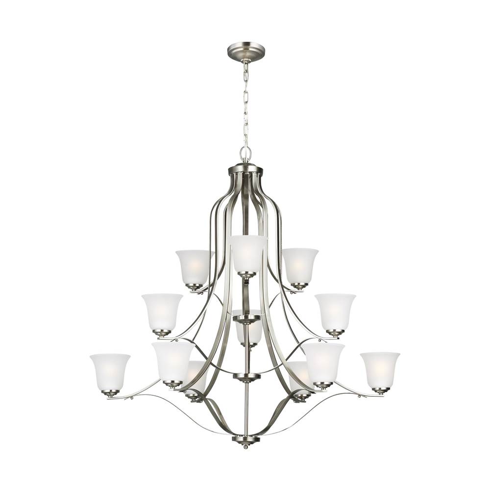 Generation Lighting Emmons Traditional 12-Light Indoor Dimmable Ceiling Chandelier Pendant Light In Brushed Nickel Silver Finish With Satin Etched Glass Shades
