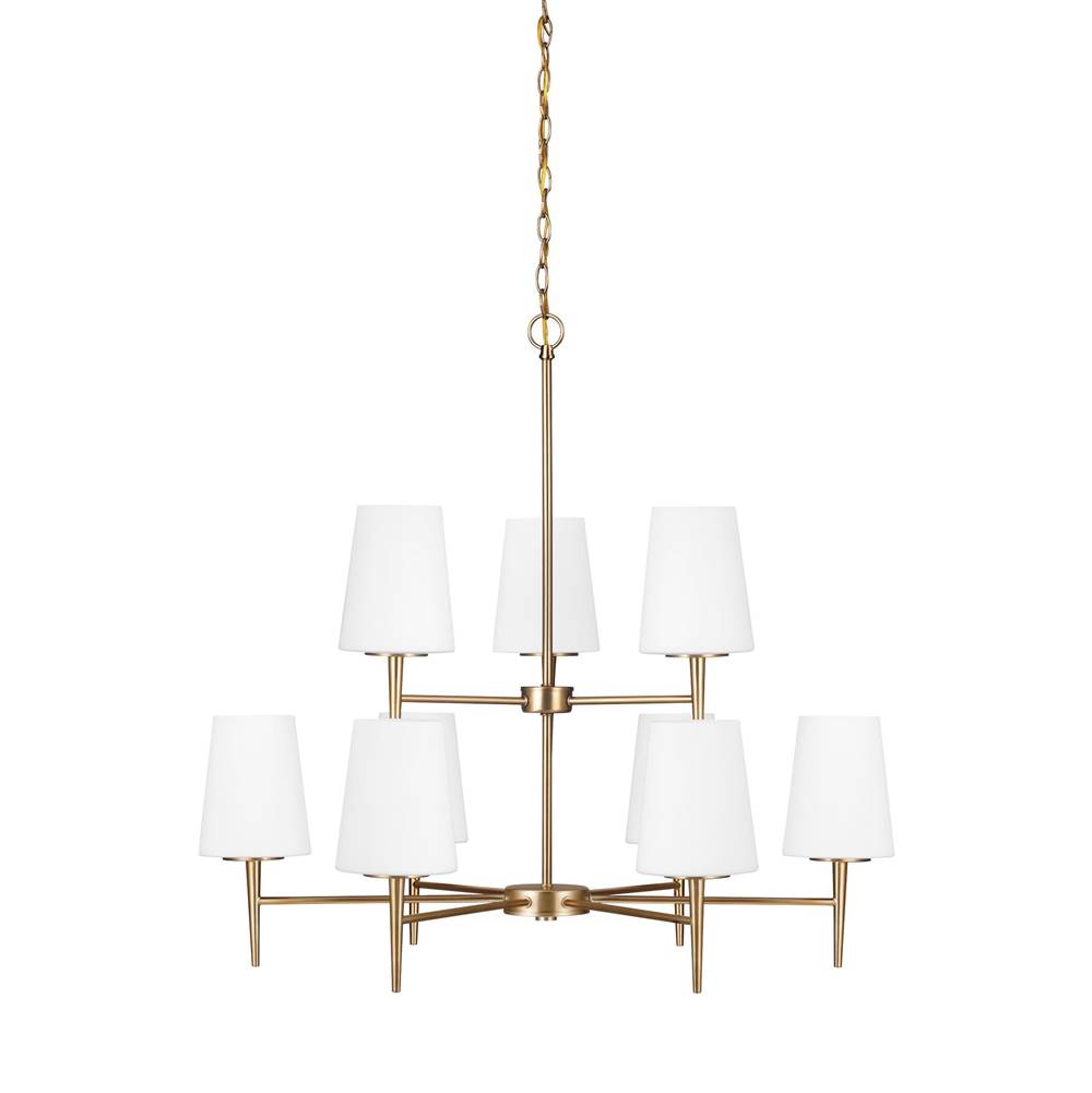 Generation Lighting Driscoll Contemporary 9-Light Indoor Dimmable Ceiling Chandelier Pendant Light In Satin Brass Gold Finish With Cased Opal Etched Glass