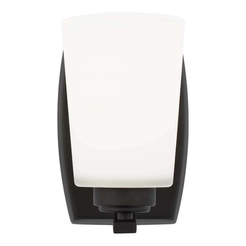 Generation Lighting Franport Transitional 1-Light Indoor Dimmable Bath Vanity Wall Sconce In Midnight Black Finish With Etched White Glass Shade