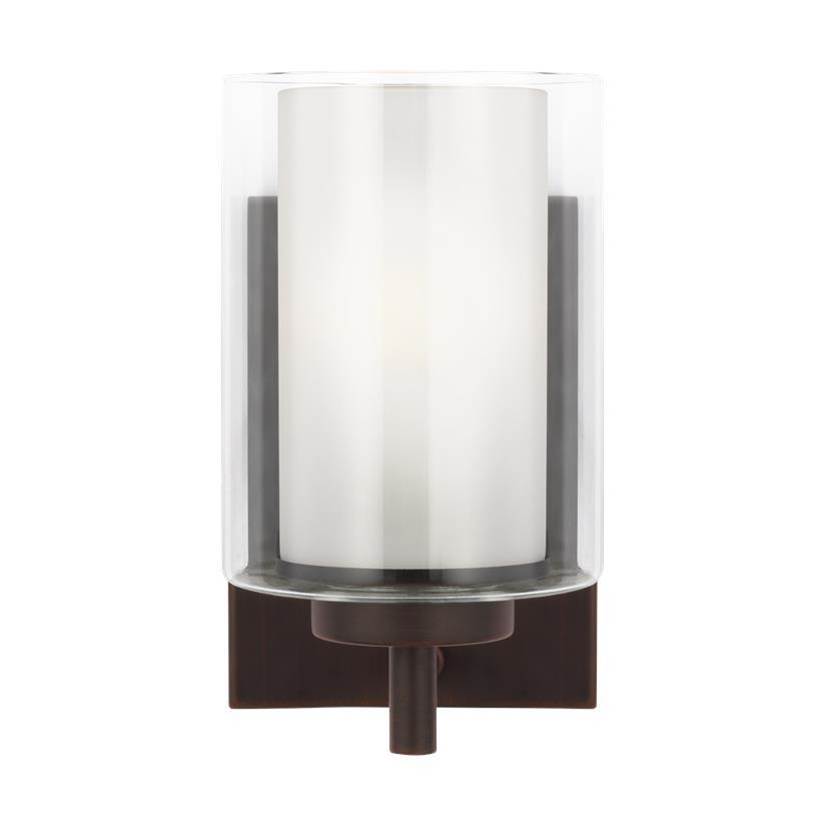 Generation Lighting Elmwood Park Traditional 1-Light Indoor Dimmable Bath Vanity Wall Sconce In Bronze Finish With Satin Etched Glass Shade And Clear Glass Shade
