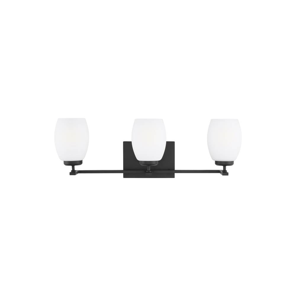 Generation Lighting Catlin Modern 3-Light Indoor Dimmable Bath Vanity Wall Sconce In Midnight Black Finish With Etched White Inside Glass Shades