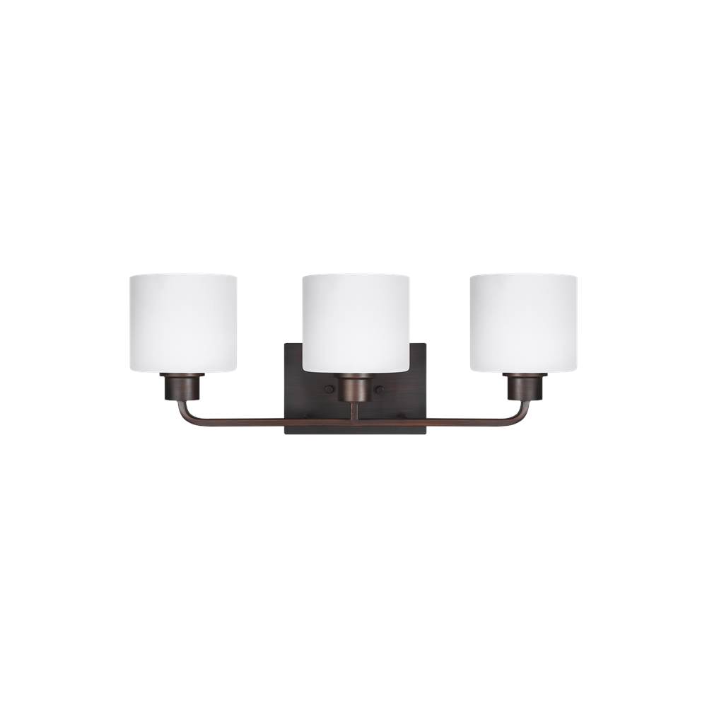 Generation Lighting Canfield Modern 3-Light Indoor Dimmable Bath Vanity Wall Sconce In Bronze Finish With Etched White Inside Glass Shades