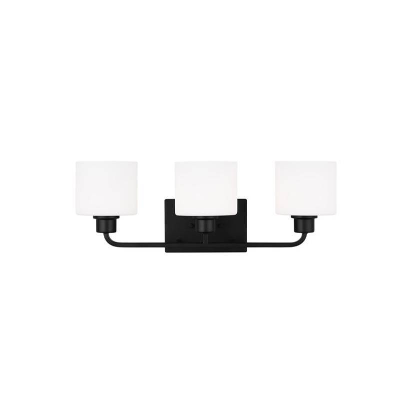 Generation Lighting Canfield Indoor Dimmable Led 3-Light Wall Bath Sconce In A Midnight Black Finish And Etched White Glass Shade