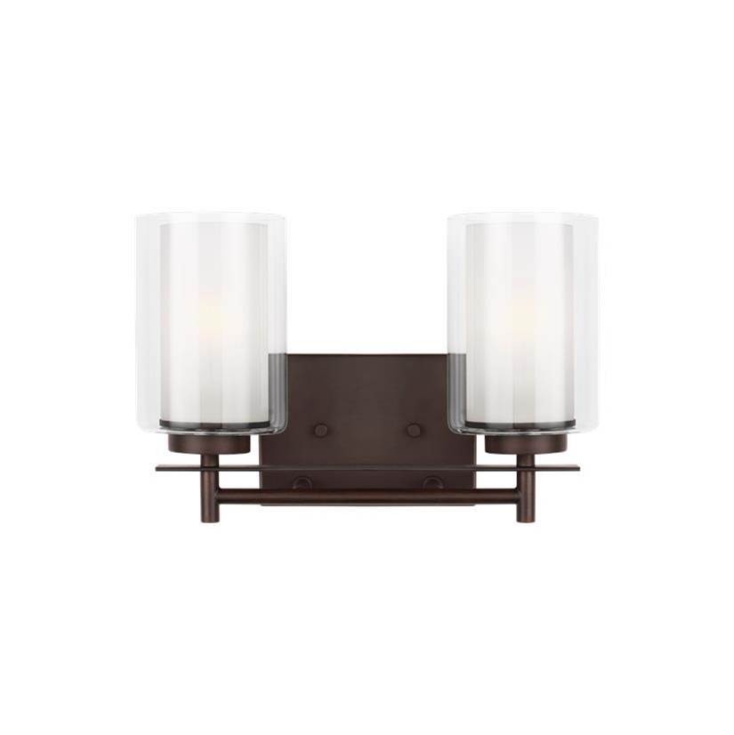 Generation Lighting Elmwood Park Traditional 2-Light Led Indoor Dimmable Bath Vanity Wall Sconce In Bronze Finish W/Satin Etched Glass Shades And Clear Glass Shades