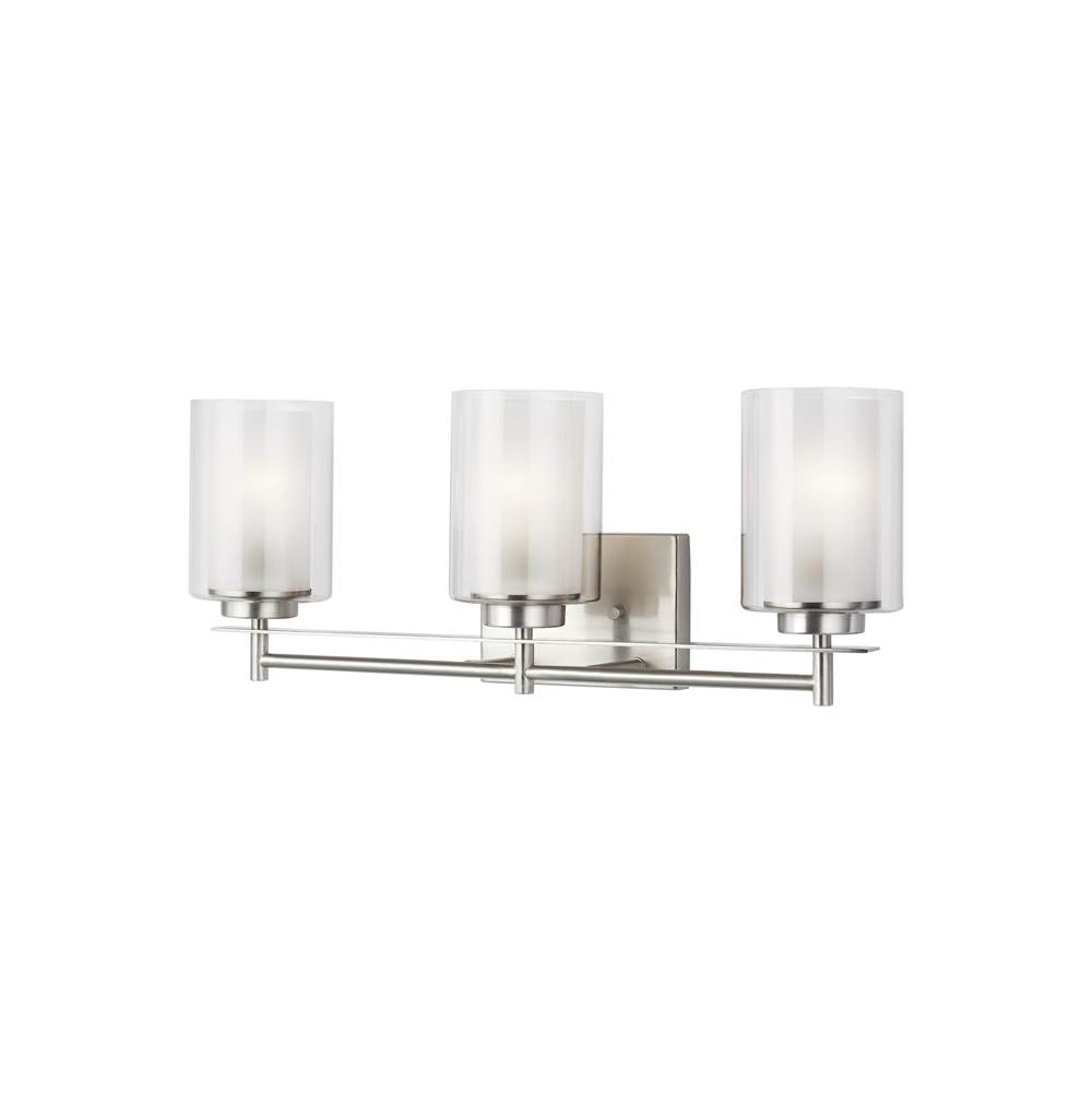 Generation Lighting Elmwood Park Traditional 3-Light Indoor Dimmable Bath Vanity Wall Sconce In Brushed Nickel Silver W/Satin Etched Glass Shades And Clear Glass Shades