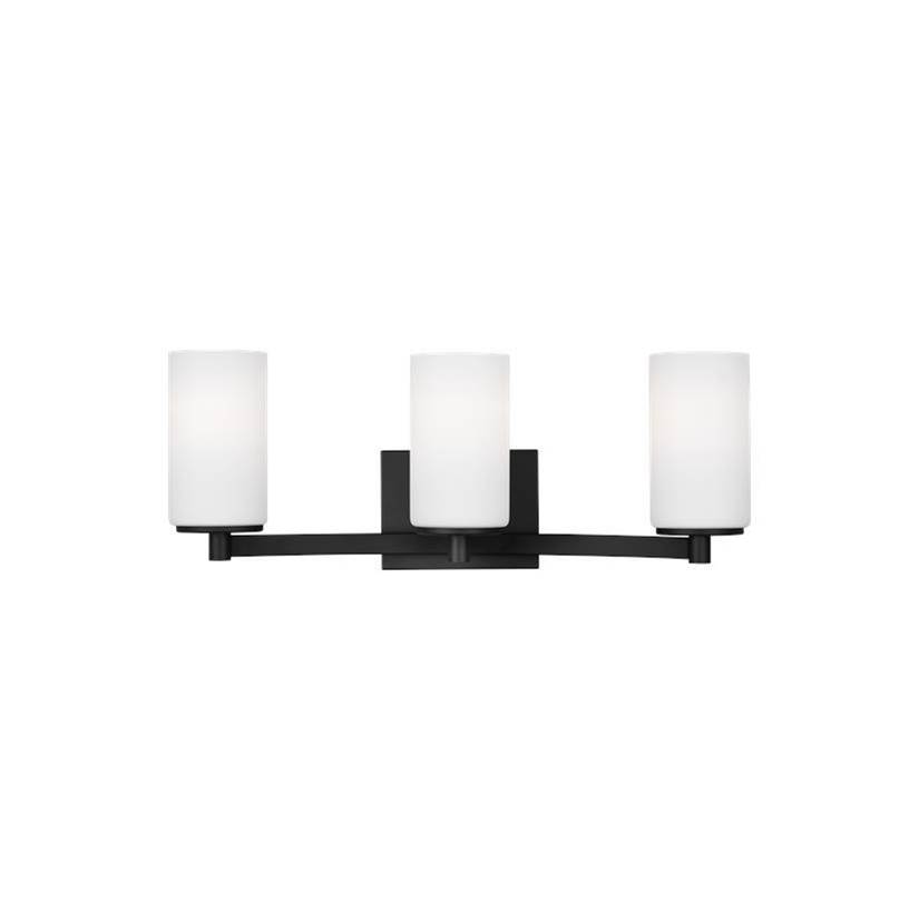 Generation Lighting Hettinger Traditional Indoor Dimmable Led 3-Light Wall Bath Sconce In A Midnight Black Finish With Etched White Glass Shades