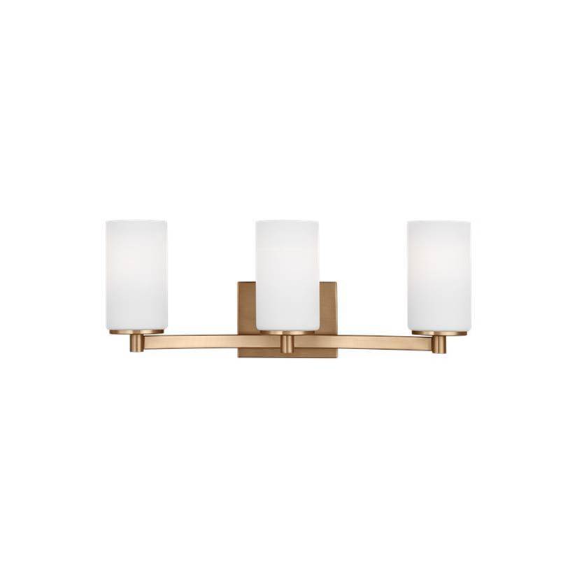 Generation Lighting Hettinger Traditional Indoor Dimmable Led 3-Light Wall Bath Sconce In A Satin Brass Finish With Etched White Glass Shades