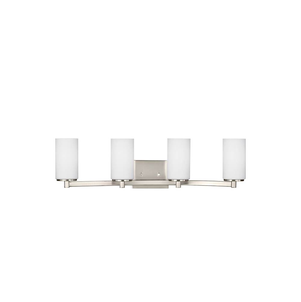 Generation Lighting Hettinger Transitional 4-Light Indoor Dimmable Bath Vanity Wall Sconce In Brushed Nickel Silver Finish With Etched White Inside Glass Shades