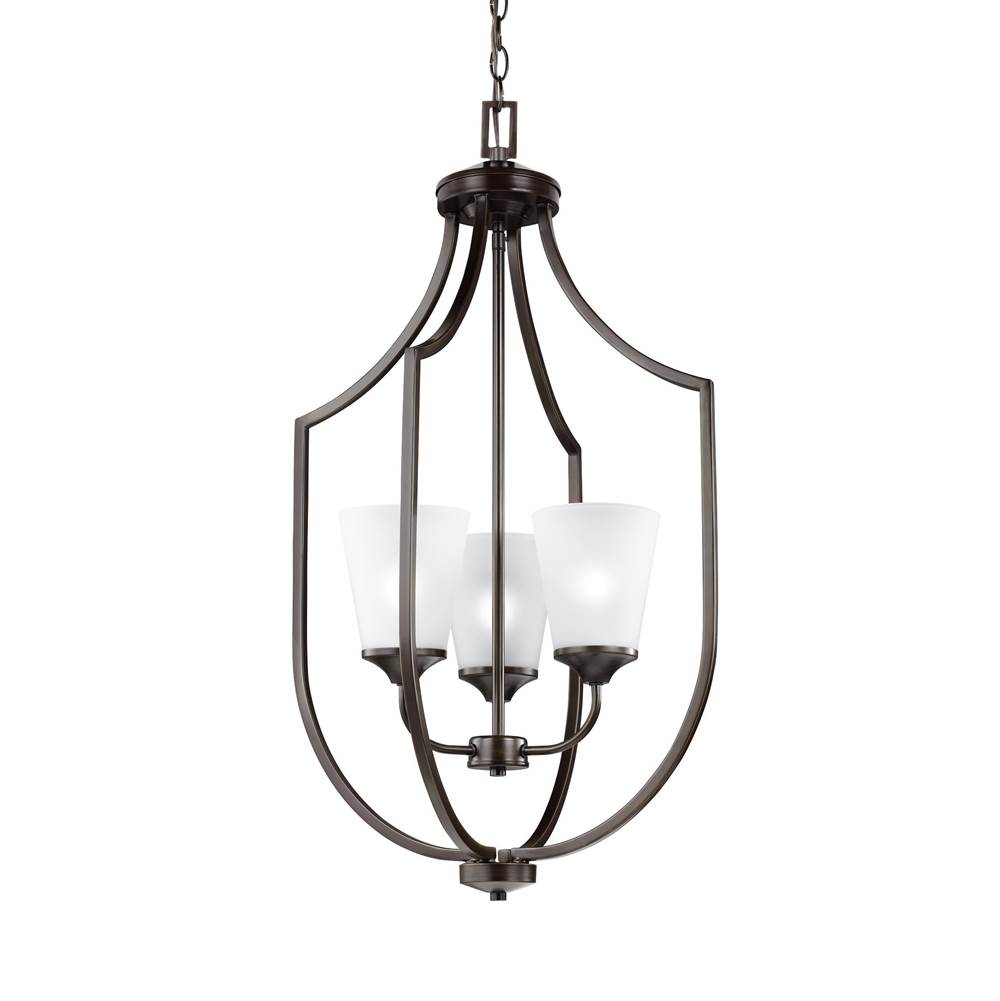 Generation Lighting Hanford Traditional 3-Light Indoor Dimmable Ceiling Pendant Hanging Chandelier Pendant Light In Bronze Finish With Satin Etched Glass Shades