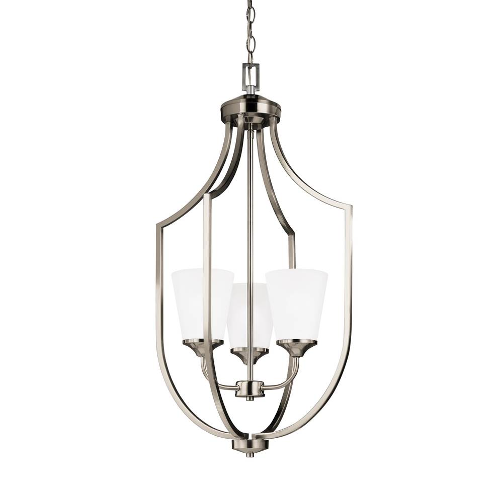 Generation Lighting Hanford Traditional 3-Light Led Indoor Dimmable Ceiling Pendant Hanging Chandelier Pendant Light In Brushed Nickel Silver W/Satin Etched Glass Shades