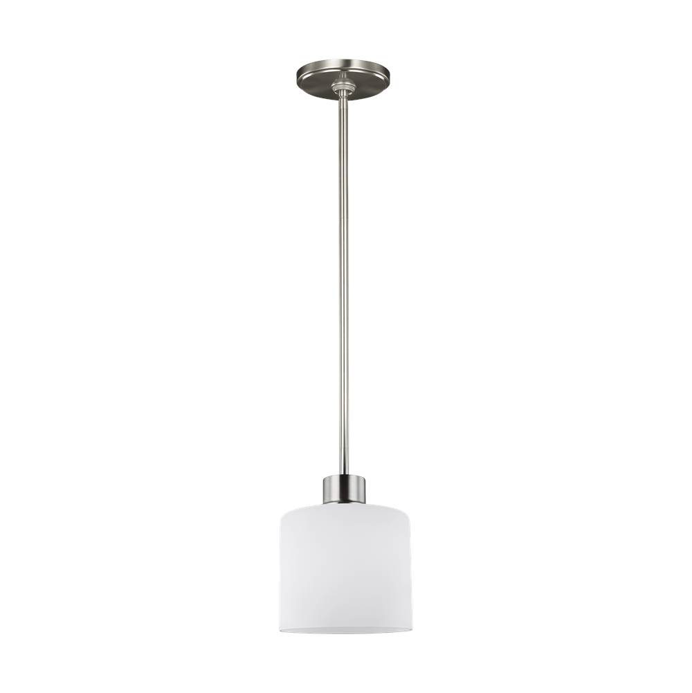 Generation Lighting Canfield Modern 1-Light Indoor Dimmable Ceiling Hanging Single Pendant Light In Brushed Nickel Silver Finish With Etched White Inside Glass Shade
