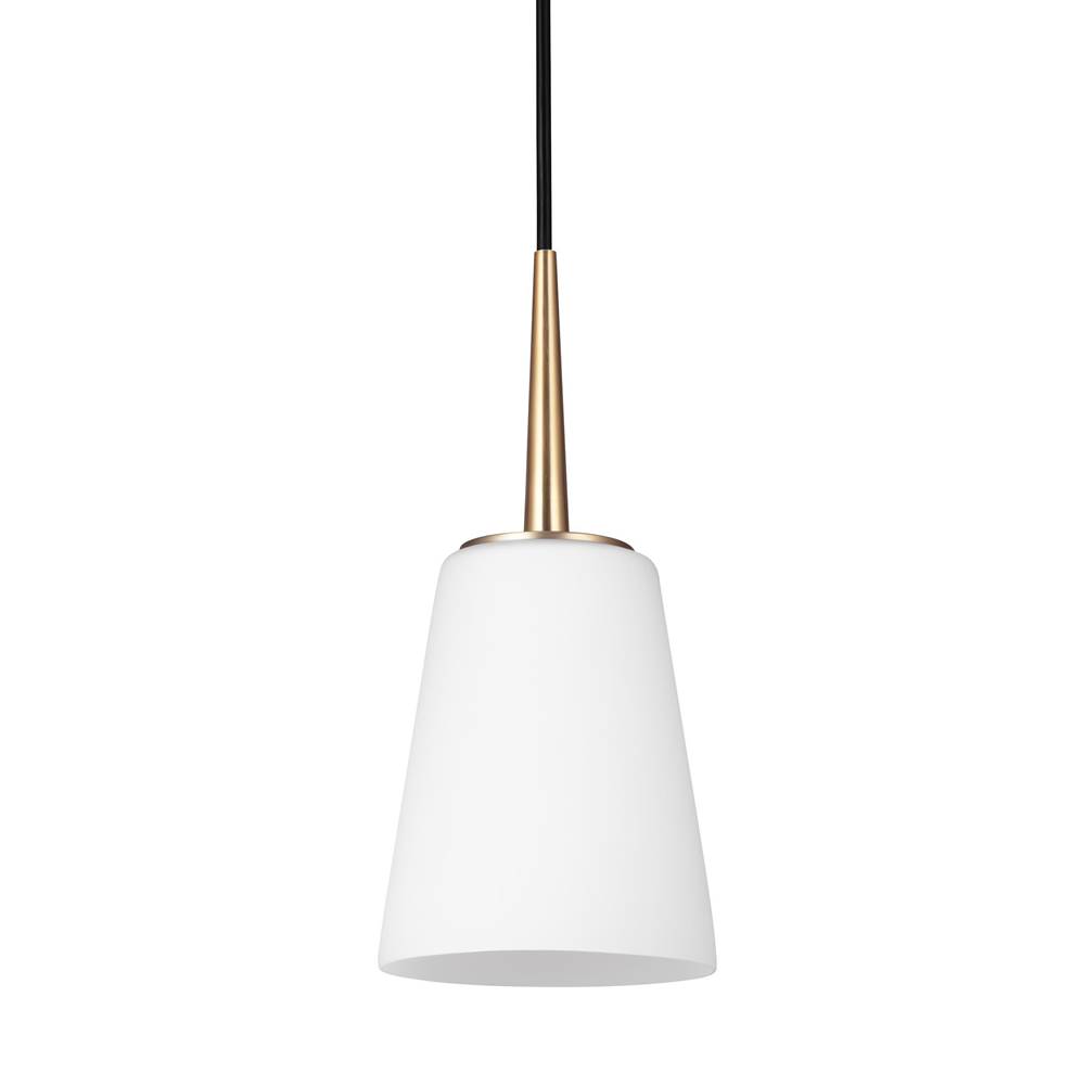 Generation Lighting Driscoll Contemporary 1-Light Led Indoor Dimmable Ceiling Hanging Single Pendant Light In Satin Brass Gold Finish With Cased Opal Etched Glass