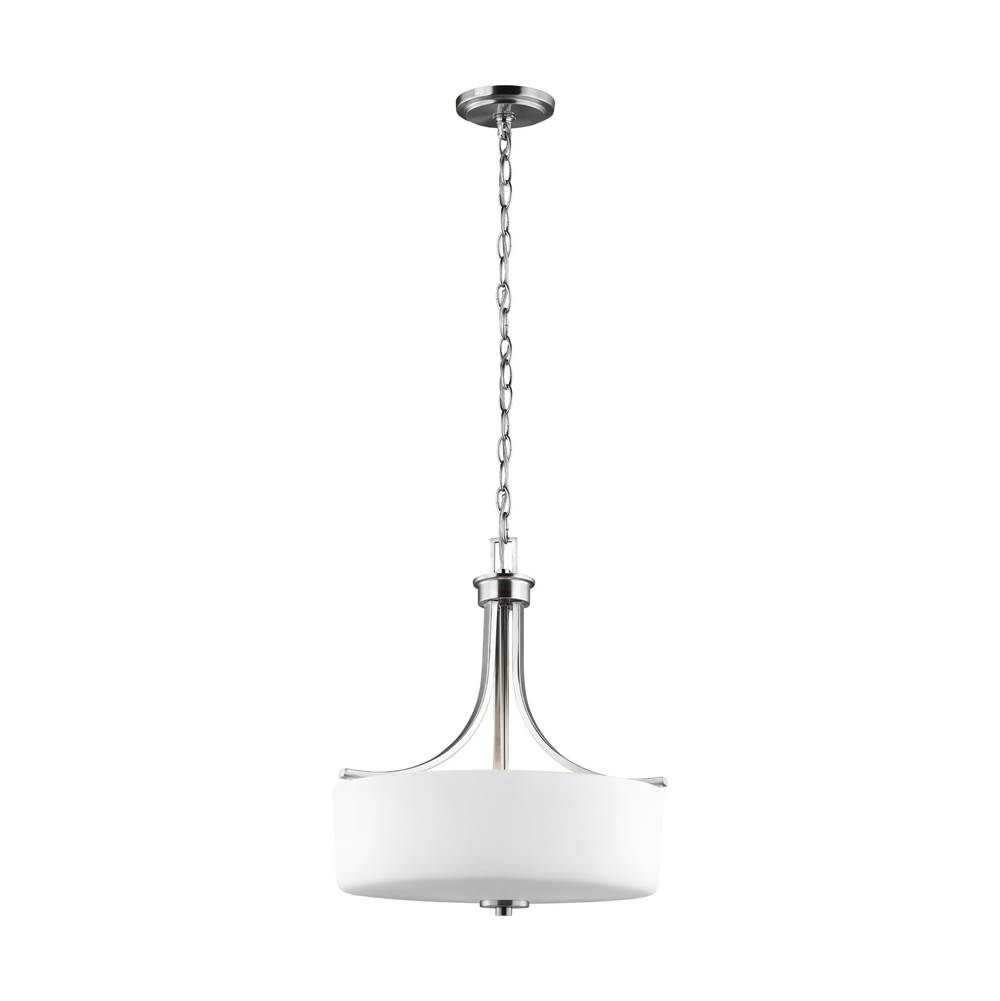 Generation Lighting Canfield Modern 3-Light Led Indoor Ceiling Pendant Hanging Chandelier Pendant Light In Brushed Nickel Silver W/Etched White Inside Glass Shade