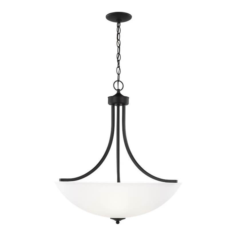 Generation Lighting Geary Transitional 4-Light Indoor Dimmable Ceiling Pendant Hanging Chandelier Pendant Light In Midnight Black Finish W/Satin Etched Glass Shade