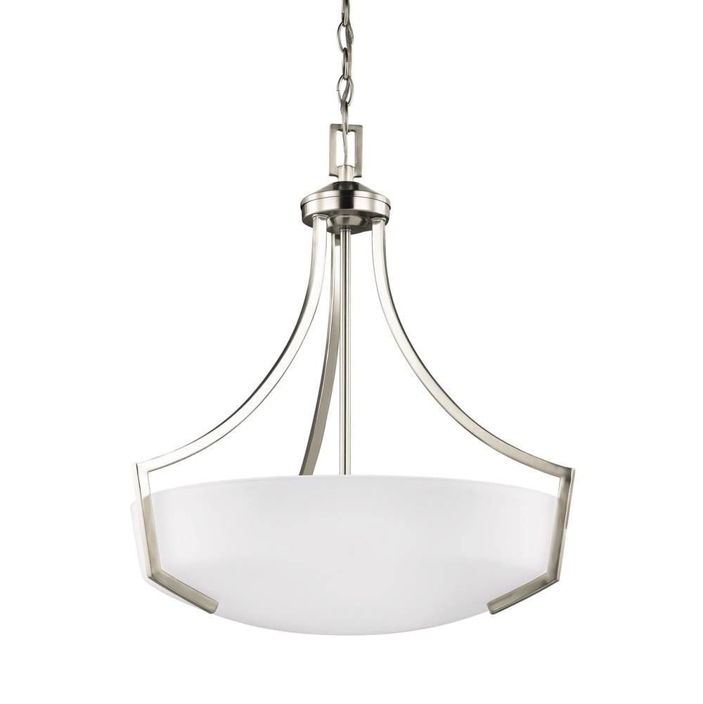 Generation Lighting Hanford Traditional 3-Light Indoor Dimmable Ceiling Pendant Hanging Chandelier Pendant Light In Brushed Nickel Silver W/Satin Etched Glass Shade