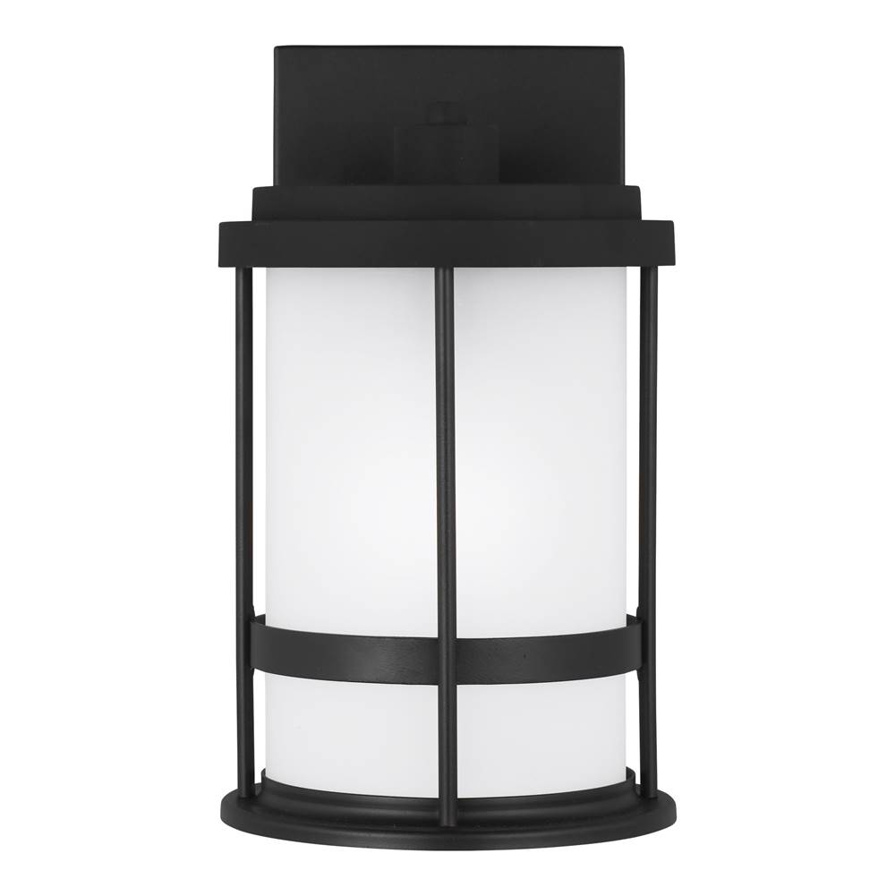 Generation Lighting Wilburn Modern 1-Light Led Outdoor Exterior Dark Sky Compliant Small Wall Lantern Sconce In Black Finish With Satin Etched Glass Shade