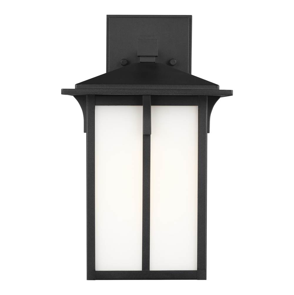 Generation Lighting Tomek Modern 1-Light Outdoor Exterior Medium Wall Lantern Sconce In Black Finish With Etched White Glass Panels
