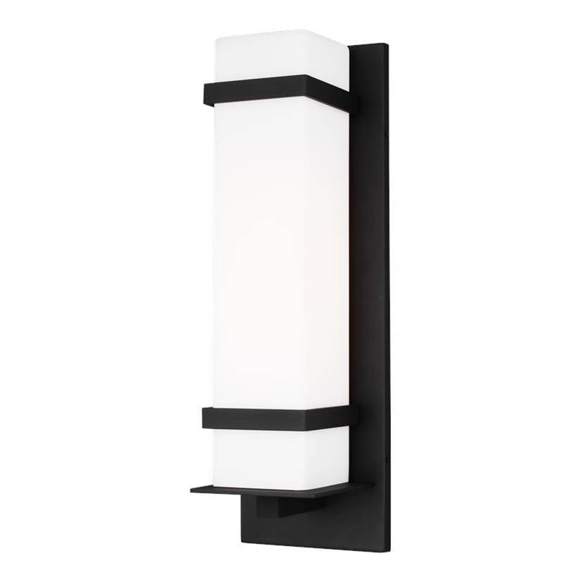 Generation Lighting Alban Modern 1-Light Outdoor Exterior Large Square Wall Lantern In Black Finish With Etched Opal Glass Shade