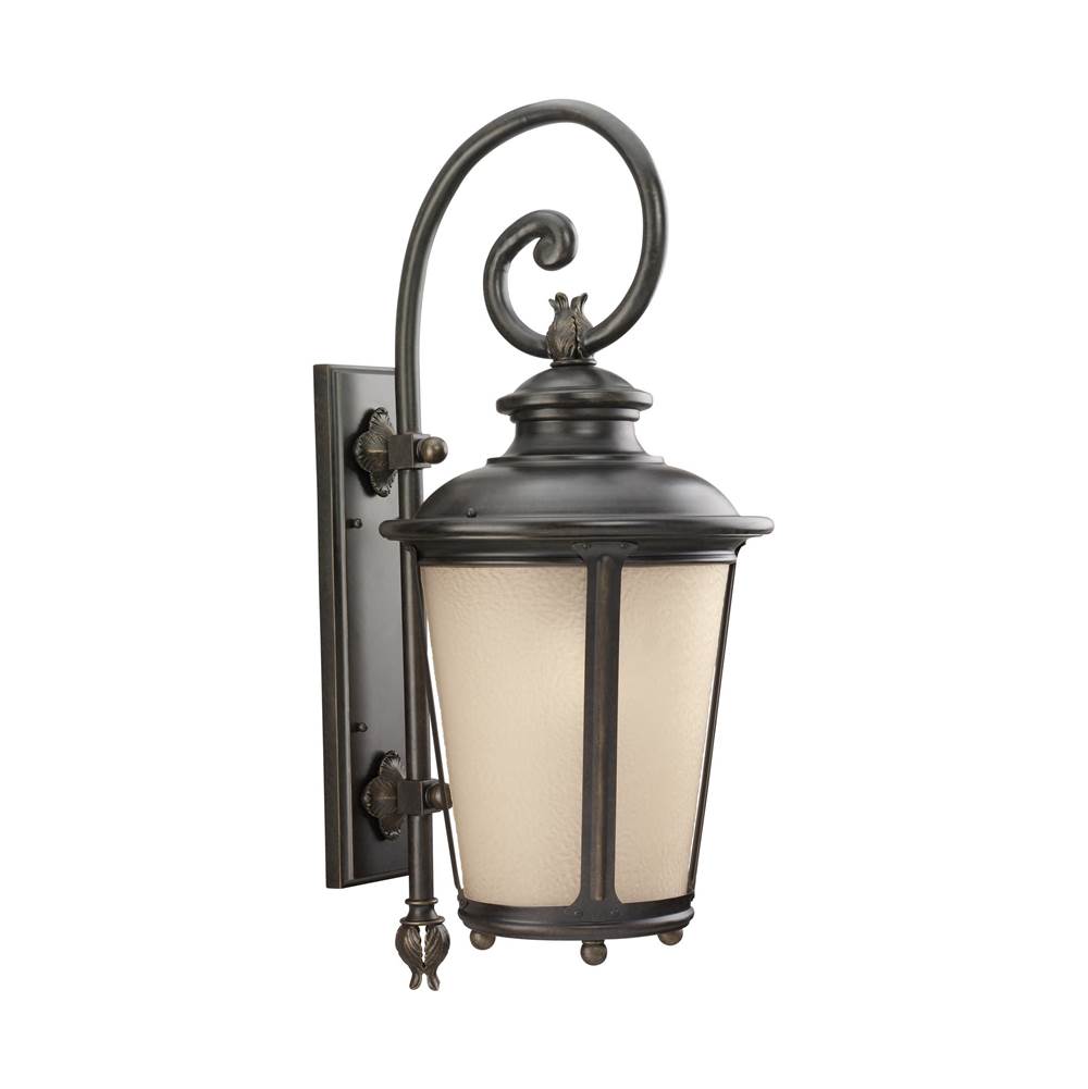 Generation Lighting Cape May Traditional 1-Light Outdoor Exterior Extra Large Wall Lantern Sconce In Burled Iron Grey Finish With Etched Light Amber Glass Diffuser