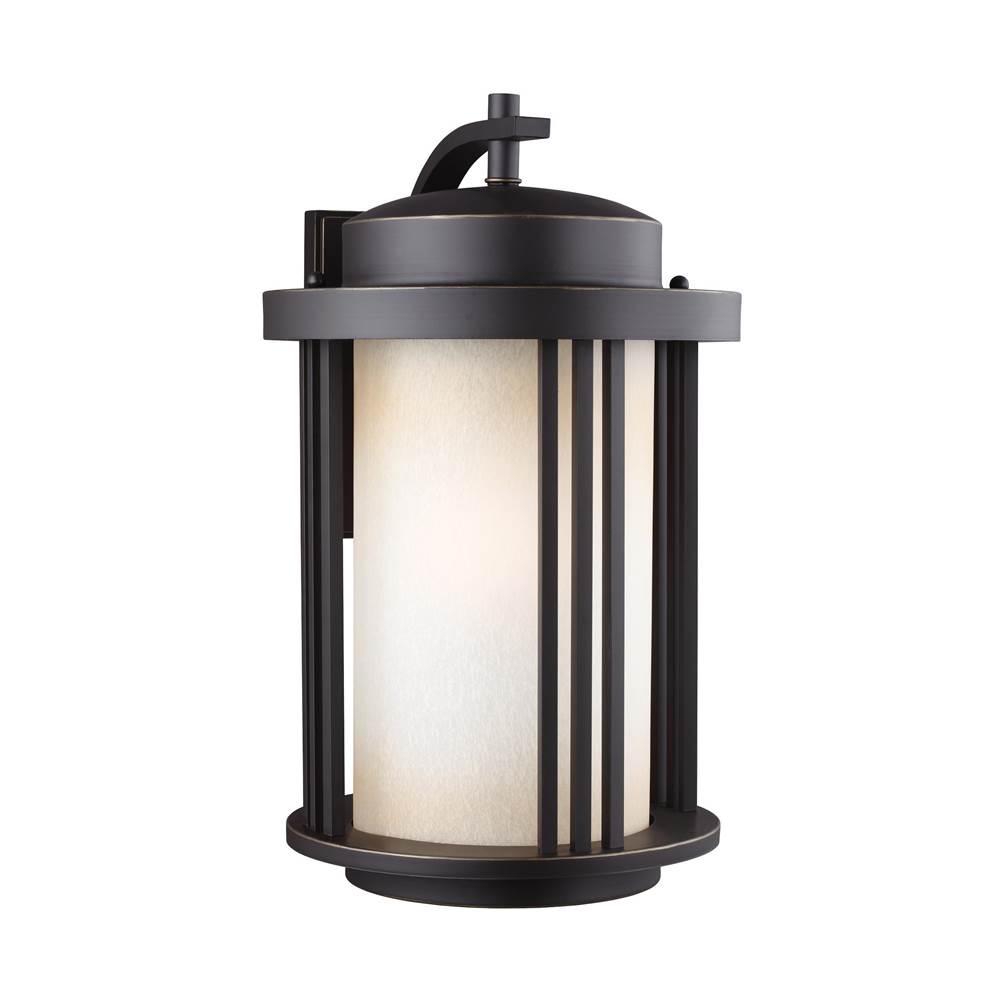 Generation Lighting Crowell Contemporary 1-Light Outdoor Exterior Large Wall Lantern Sconce In Antique Bronze Finish With Creme Parchment Glass Shade