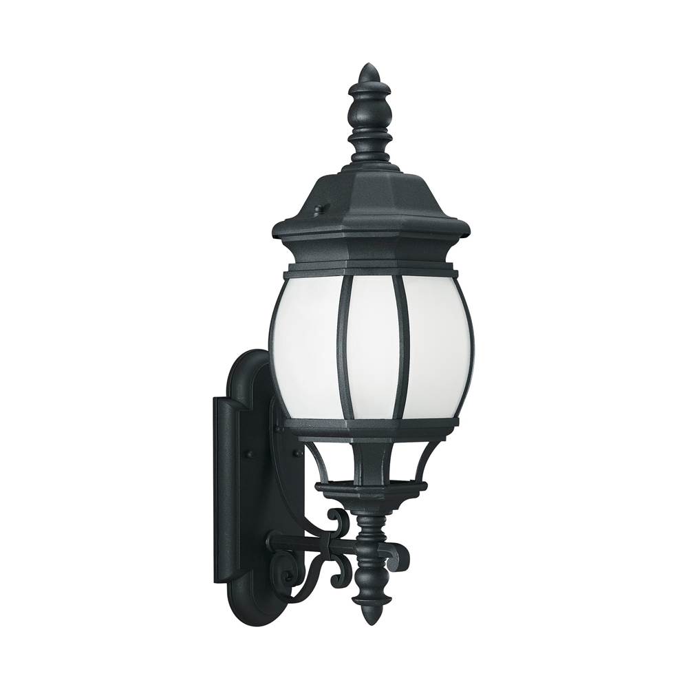 Generation Lighting Wynfield Traditional 1-Light Outdoor Exterior Large Wall Lantern Sconce In Black Finish With Frosted Glass Panels