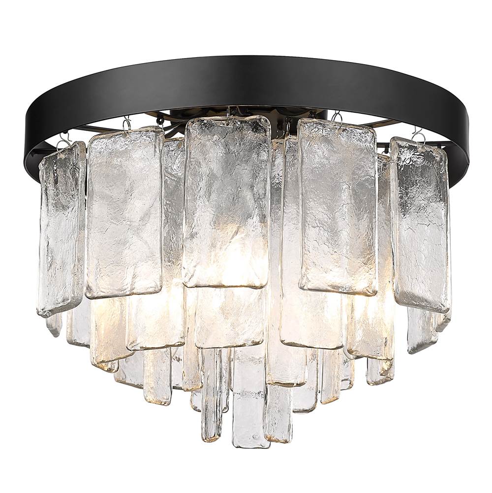 Golden Lighting Ciara BLK 3 Light Flush Mount in Matte Black with Hammered Water Glass Shade