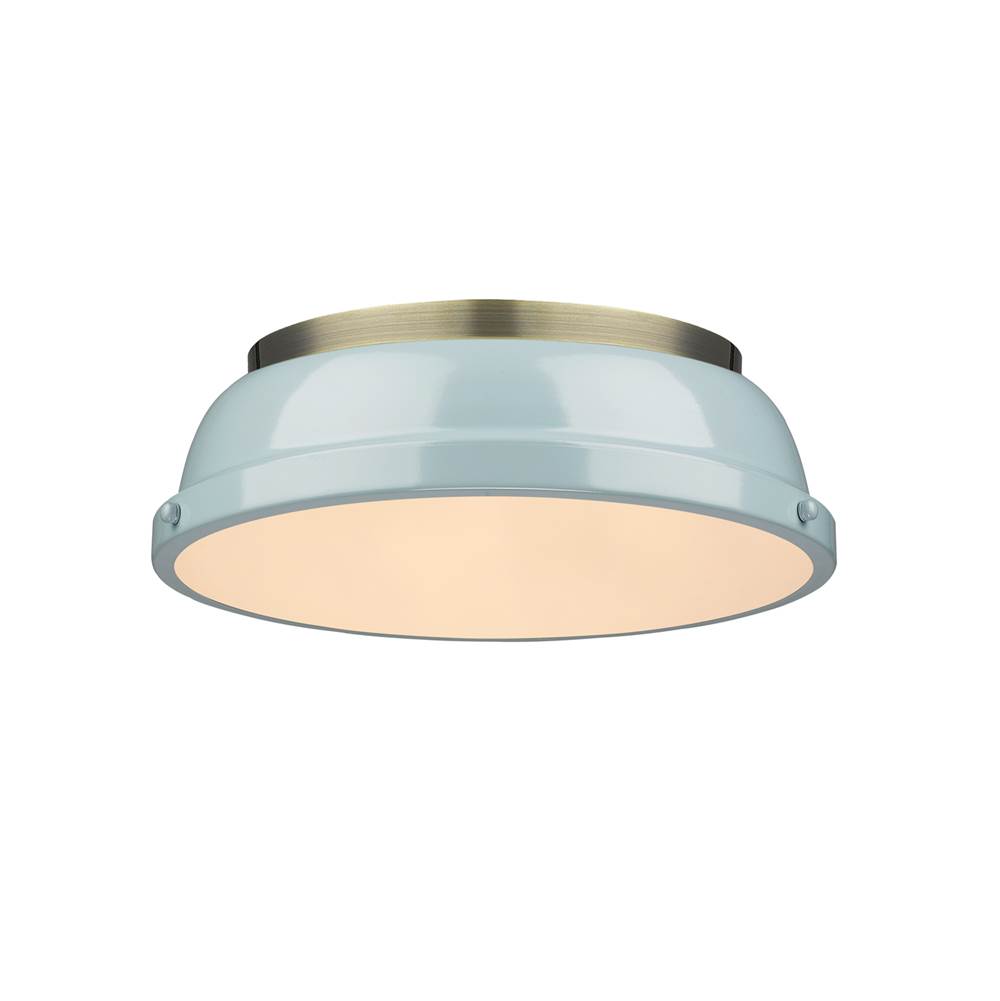Golden Lighting Duncan 14'' Flush Mount in Aged Brass with a Seafoam Shade