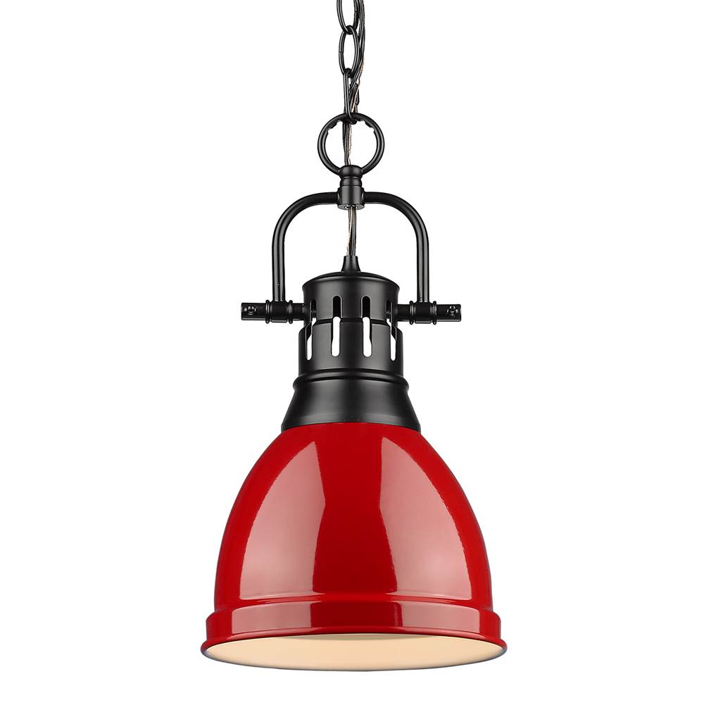 Golden Lighting Duncan Small Pendant with Chain in Matte Black with a Red Shade