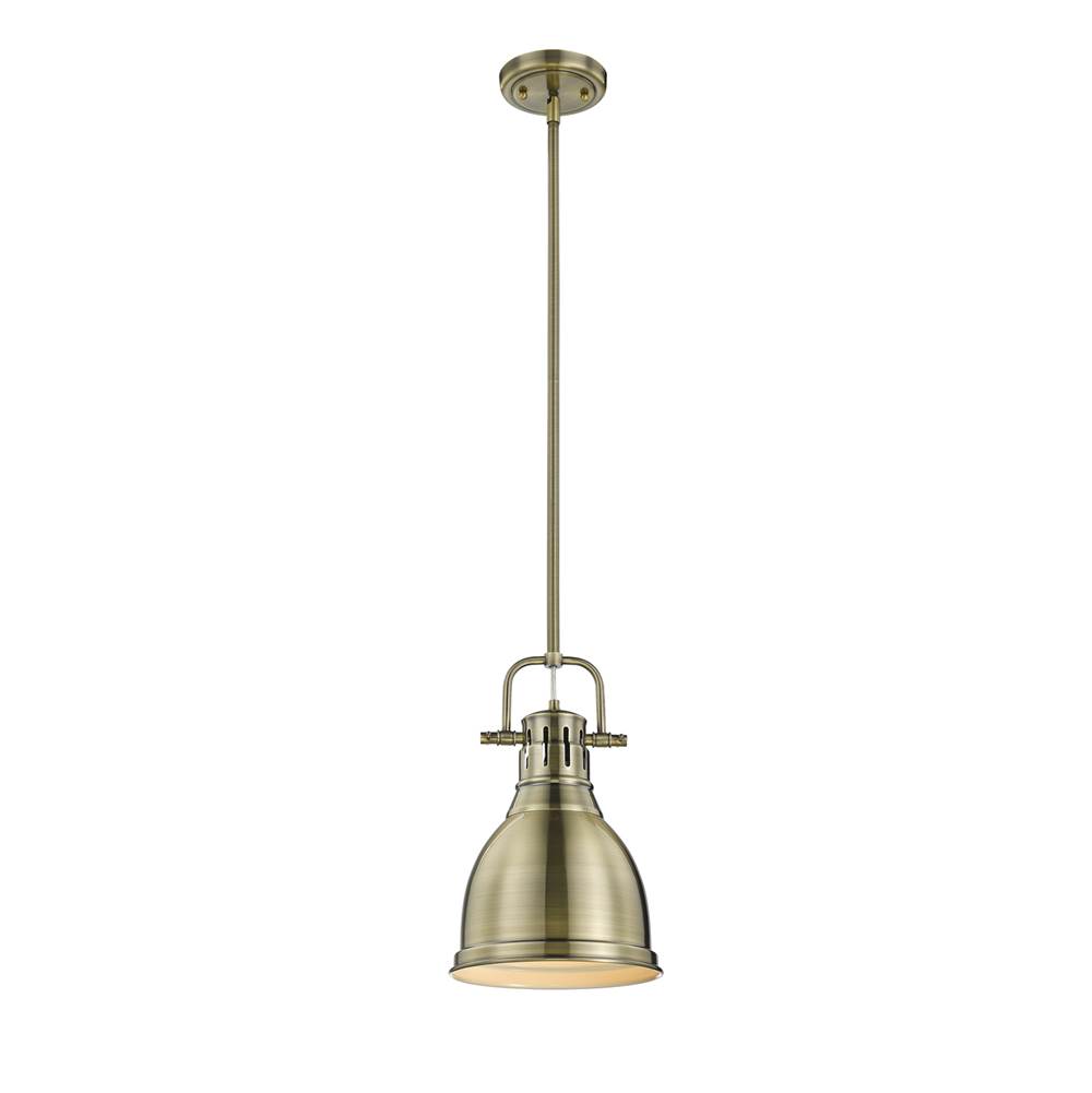 Golden Lighting Duncan Small Pendant with Rod in Aged Brass with an Aged Brass Shade