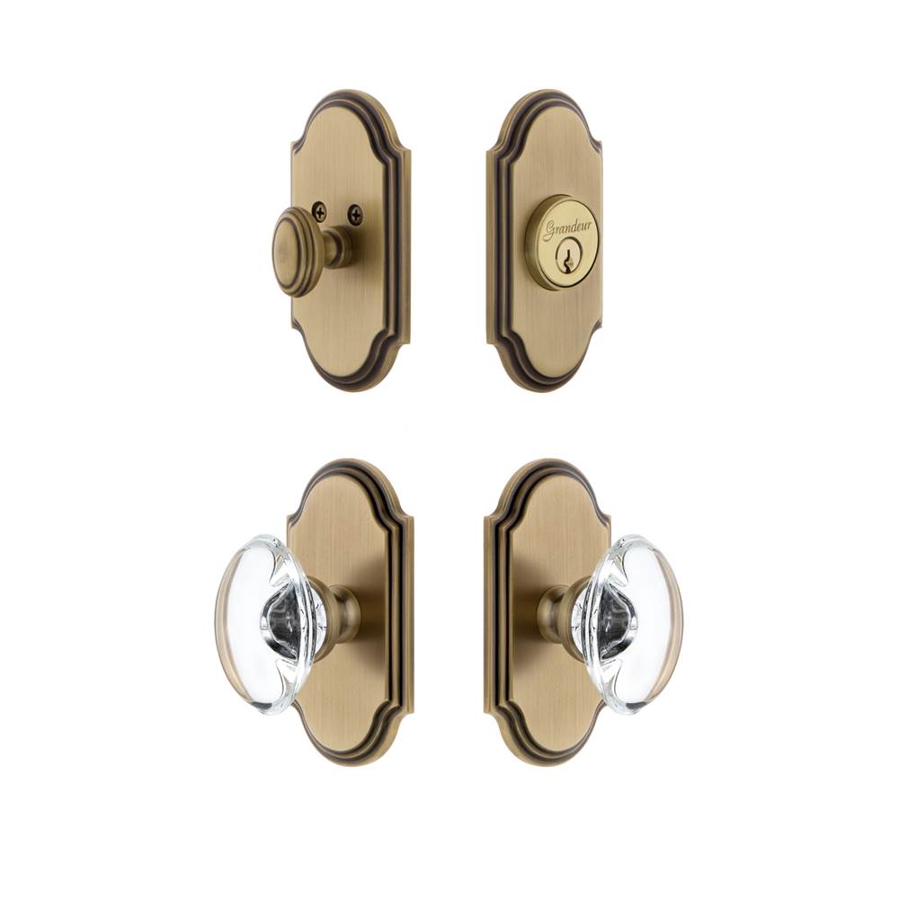 Grandeur Hardware Grandeur Arc Plate with Provence Crystal Knob and matching Deadbolt in Vintage Brass