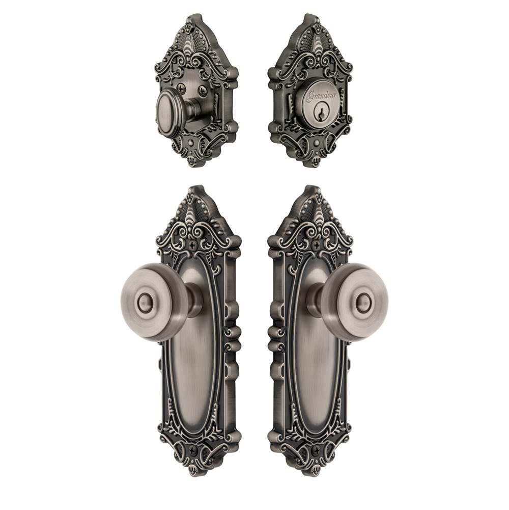 Grandeur Hardware Grandeur Grande Victorian Plate with Bouton Knob and matching Deadbolt in Antique Pewter
