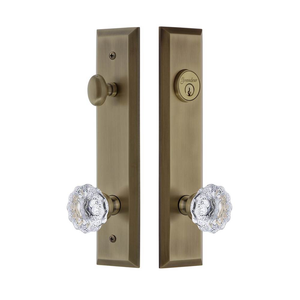 Grandeur Hardware Grandeur Hardware Fifth Avenue Tall Plate Complete Entry Set with Fontainebleau Knob in Vintage Brass