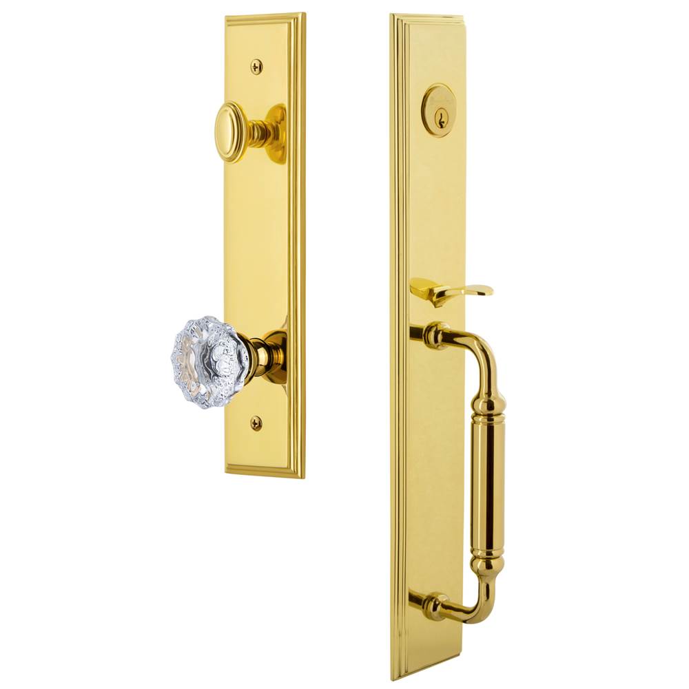 Grandeur Hardware Grandeur Hardware Carre'' One-Piece Handleset with C Grip and Fontainebleau Knob in Lifetime Brass