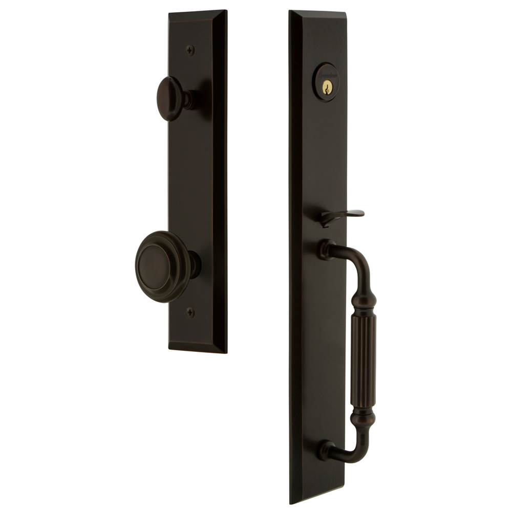 Grandeur Hardware Grandeur Hardware Fifth Avenue One-Piece Handleset with F Grip and Circulaire Knob in Timeless Bronze