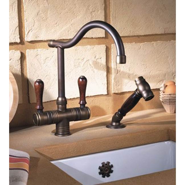 Herbeau ''Valence'' Single-Hole Mixer with Handspray in Wooden Handles, Weathered Brass