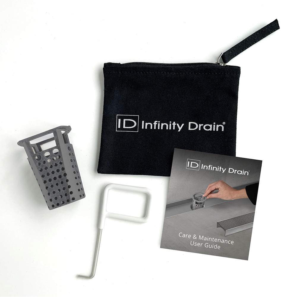 Infinity Drain Hair Maintenance Kit. Includes maintenance guide, DKEY Lift-out key, and HB 32 Hair Basket.